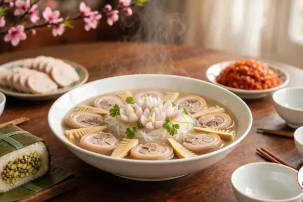 A white bowl of bamboo shoot soup with pork hock rounds, bamboo shoots, glass noodles, shallot flowers and cilantro on a Tet family table with banh chung, sliced gio lua and peach blossoms