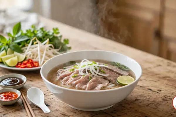 A white bowl of beef pho with clear golden broth, rice noodles, sliced beef, onion, scallions and a lime wedge, beside a plate of Thai basil, cilantro, bean sprouts, lime and chilies and dishes of hoisin and chili sauce