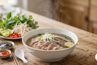 A white bowl of beef pho with clear golden broth, rice noodles, sliced beef, onion, scallions and a lime wedge, beside a plate of Thai basil, cilantro, bean sprouts, lime and chilies and dishes of hoisin and chili sauce