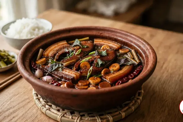 A terracotta clay pot of braised black carp steaks, green banana coins and pork belly in a dark glossy sauce with lemongrass, dried chilies and perilla, beside steamed rice and pickled mustard greens