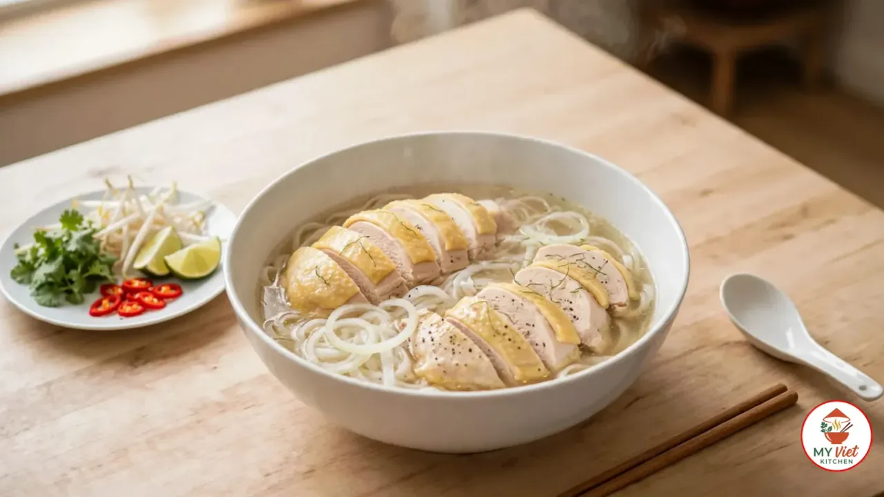 A white bowl of chicken pho with clear golden broth, rice noodles, sliced poached chicken, onion rings and slivers of lime leaf, beside a plate of cilantro, bean sprouts, lime and chilies, with chopsticks and a soup spoon