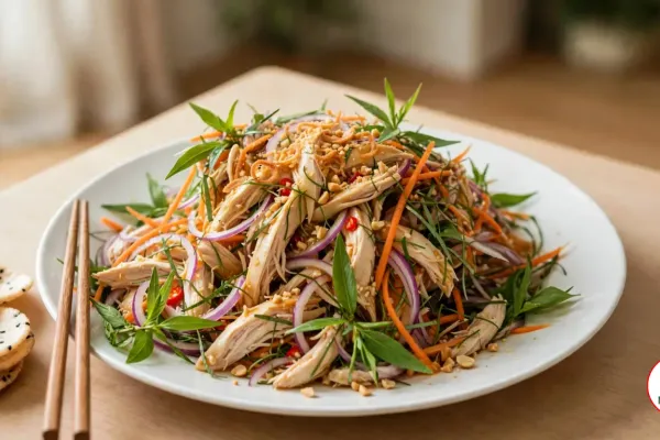 A white plate of shredded chicken salad with Vietnamese coriander, purple onion, carrot and chili, topped with crushed peanuts and fried shallots, with chopsticks and sesame rice crackers on a wooden table