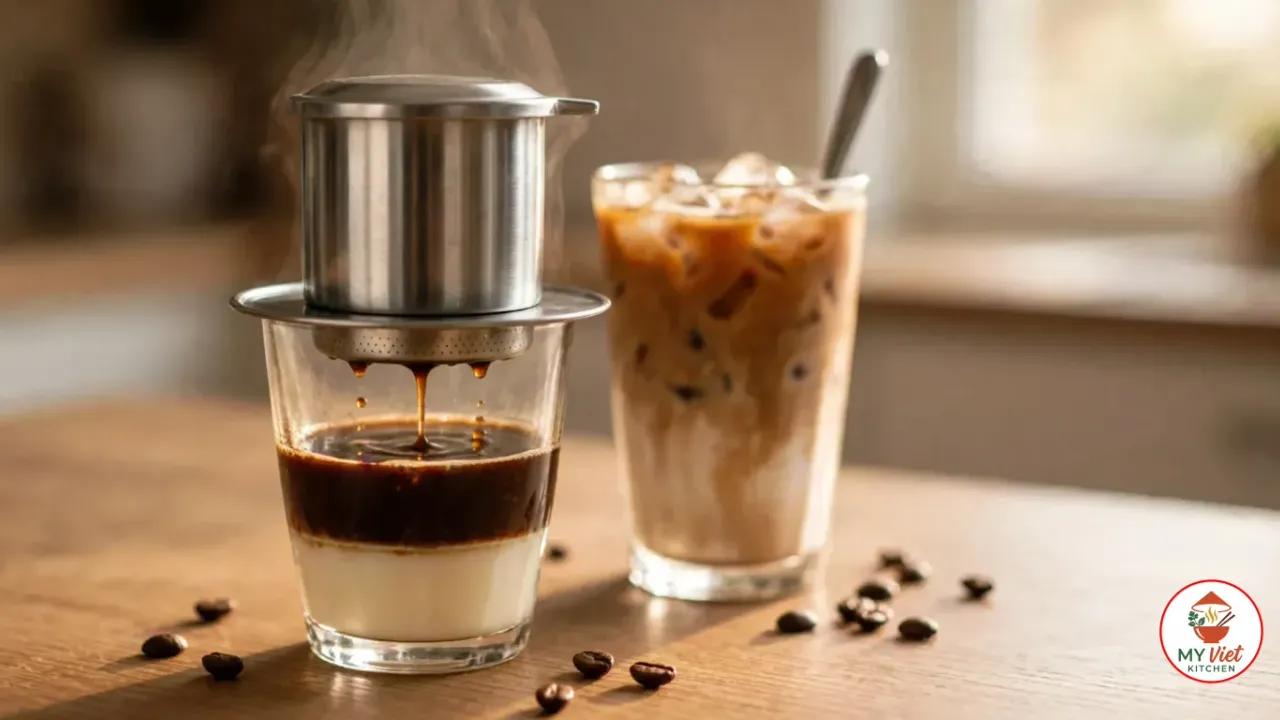 A stainless steel phin dripping dark coffee onto a layer of condensed milk in a glass, beside a tall glass of Vietnamese iced coffee with milk and a spoon, coffee beans scattered on a wooden table