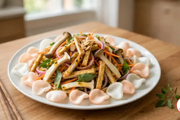 A white plate of king oyster mushroom salad with fried tofu strips, carrot, red onion and Vietnamese coriander in passion fruit dressing, topped with toasted almonds and ringed with shrimp crackers, chopsticks beside it on a wooden table