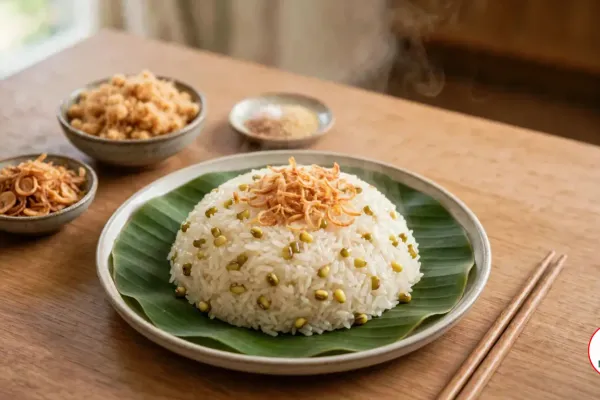 A glossy dome of mung bean sticky rice topped with crisp fried shallots on a banana leaf-lined plate, with bowls of pork floss, sesame salt and fried shallots and a pair of chopsticks on a wooden table