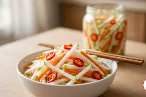 A white bowl of pickled kohlrabi and carrot strips with red chili rings and chopsticks on the rim, a glass jar of the pickles behind it on a wooden table
