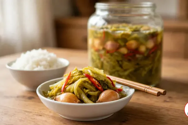 A white bowl of golden pickled mustard greens with red chili strips and whole pickled shallots, wooden chopsticks on the rim, a bowl of rice and a glass jar of the pickles in brine behind it on a wooden table