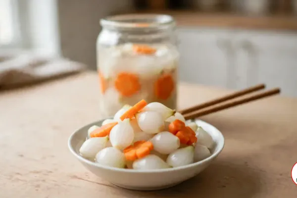 A white bowl of bright white pickled shallots with orange carrot flowers and chopsticks on the rim, a glass jar of the pickles behind it on a wooden table