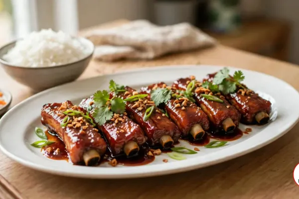 An oval white platter of glossy sweet and sour pork ribs topped with fried garlic, cilantro and scallion, with a bowl of steamed rice and pickled carrot and daikon on a wooden table