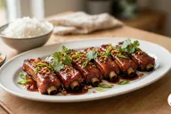 An oval white platter of glossy sweet and sour pork ribs topped with fried garlic, cilantro and scallion, with a bowl of steamed rice and pickled carrot and daikon on a wooden table