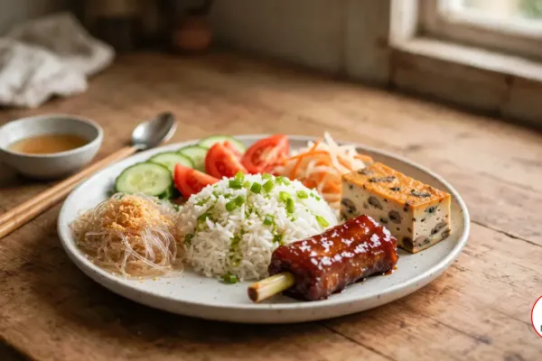 A plate of vegetarian broken rice with scallion oil, a glazed vegetarian rib, steamed tofu cake, glass-noodle bi, cucumber, tomato and pickles, a bowl of dipping sauce and chopsticks beside it on a wooden table